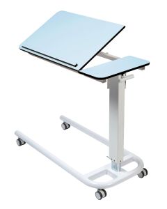 ﻿﻿﻿Over Bed Table, ﻿Parallel Base & 2 Piece Tilting Compact Grade Flat Laminate Top with Retaining Lip