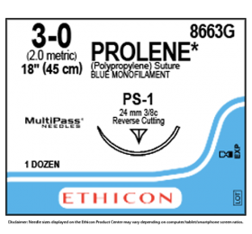 ETHICON PROLENE BLUE MONOFILAMENT SUTURE 1X18" (45 cm) PS-1 3-0 8663G [Pack of 12]