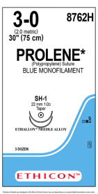 ETHICON PROLENE BLUE MONOFILAMENT SUTURE 1X30" (75 cm) SH-1 DOUBLE ARMED 3-0 8762H [Pack of 36]
